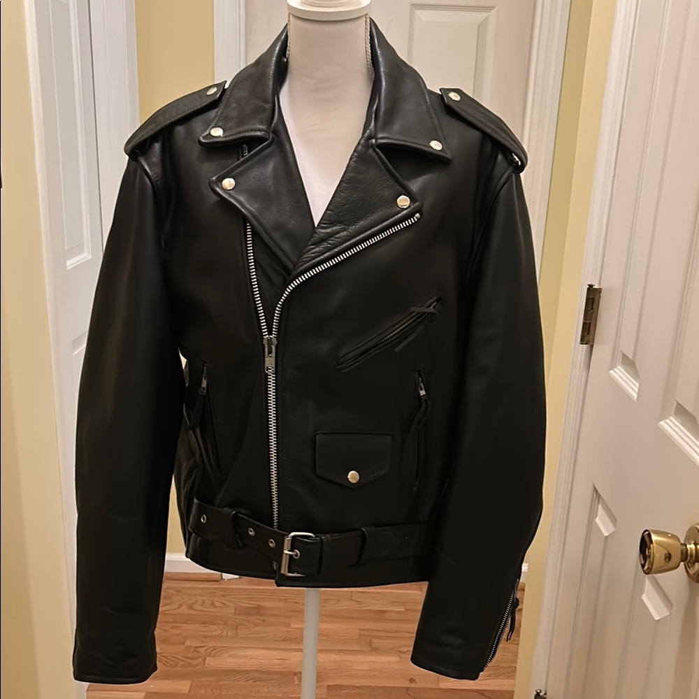 Men’s Black Leather Motorcycle Jacket with Asymmetrical Zipper and Belt